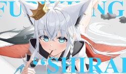 1girl absurdres ahoge animal_ear_fluff animal_ear_piercing animal_ears aqua_eyes bare_shoulders barefoot black_tail blue_neckerchief braid crossed_bangs crown detached_sleeves double-parted_bangs earrings extra_ears food fox_ears fox_girl fox_tail grey_background highres hololive hood hoodie jewelry kirimoya long_hair looking_at_viewer mindscape_cinema_(zenless_zone_zero) multicolored_tail neckerchief nintendo_switch pentagram pocky sailor_collar shirakami_fubuki shirakami_fubuki_(1st_costume) side_braid sidelocks simple_background single_braid single_earring solo tail virtual_youtuber white_hair white_hoodie white_tail wide_sleeves zenless_zone_zero