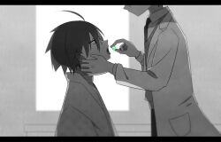 2boys ahoge black_hair brothers commentary_request doctor eyes_out_of_frame from_side glass greyscale hair_between_eyes hand_on_another&#039;s_chin head_out_of_frame highres holding holding_pill itoshiki_mikoto itoshiki_nozomu japanese_clothes kimono lab_coat letterboxed looking_up male_focus monochrome multiple_boys necktie open_mouth pill sayonara_zetsubou_sensei siblings spot_color sweater tomato_ebichiri tongue tongue_out upper_body window