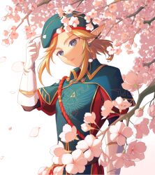 Rule 34 | 1boy, belt, beret, blonde hair, blue capelet, blue eyes, blue hat, blue shirt, branch, capelet, cherry blossoms, earrings, falling petals, flower, gloves, hand up, hat, jewelry, link, male focus, medium hair, miri (cherryjelly), nintendo, open mouth, parted bangs, petals, pink flower, pointy ears, royal guard set (zelda), shirt, short sleeves, sidelocks, solo, the legend of zelda, the legend of zelda: breath of the wild, upper body, white background, white gloves