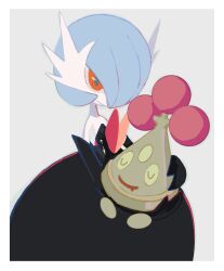 alternate_color black_dress black_gloves blue_hair bob_cut bonsly closed_eyes colored_skin dress elbow_gloves gardevoir gen_3_pokemon gen_4_pokemon gloves grey_background hair_over_one_eye highres mega_gardevoir mega_pokemon nintendo orange_eyes pokemon pokemon_(creature) shiny_pokemon simple_background strapless strapless_dress voronoir white_skin