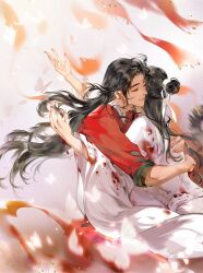 Rule 34 | 2boys, black hair, blood, blood on clothes, blood on hands, blurry, blurry background, bug, butterfly, chinese clothes, chinese commentary, closed eyes, closed mouth, cloud, cloudy sky, commentary request, cowboy shot, day, floating clothes, floating hair, from behind, hair ribbon, hanfu, hua cheng, hug, insect, light particles, long hair, long sleeves, male focus, multiple boys, outdoors, outstretched arms, pointy nose, red hanfu, ribbon, sky, sleeves rolled up, smile, thick eyebrows, tianguan cifu, topknot, very long hair, white hanfu, white ribbon, wide sleeves, xie lian, yaoi, ye dian pikaqiu