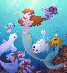 1girl absurdres air_bubble blue_eyes blue_tail breasts bubble coral creatures_(company) dewgong earrings game_freak gen_1_pokemon goldeen green_eyes green_tail hair_ornament highres horsea jewelry koala-bears long_hair looking_at_viewer mermaid mermaid_costume mermaid_misty_(pokemon) misty_(pokemon) monster_girl navel necklace nintendo orange_hair pokemon pokemon_(anime) pokemon_(classic_anime) pokemon_(creature) seaking seashell seel shell shell_bikini shell_casing small_breasts staryu underwater water