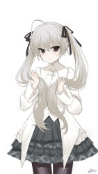 1girl absurdres ahoge black_ribbon brown_eyes brown_pantyhose closed_mouth commentary_request grey_hair grey_skirt hair_between_eyes hair_ribbon hands_up highres holding holding_own_hair hui_yu_yu_yu_ye kasugano_sora layered_skirt pantyhose pleated_skirt ribbon shirt simple_background skirt smile solo twintails twitter_username white_background white_shirt yosuga_no_sora