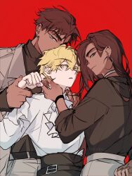 Rule 34 | 1girl, 2boys, alien stage, alternate costume, bisexual male, black shirt, blonde hair, brown hair, commentary, dark-skinned female, dark-skinned male, dark skin, earrings, english commentary, grey eyes, grey jacket, highres, holding another&#039;s wrist, hoop earrings, hyuna (alien stage), hyunwoo (alien stage), jacket, jewelry, lacyshu, long hair, luka (alien stage), multiple boys, red background, shirt, short hair, simple background, white shirt, yellow eyes