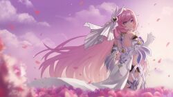 1girl absurdres back breasts corset diamond-shaped_pupils diamond_(shape) elysia_(herrscher_of_human:_ego)_(honkai_impact) elysia_(honkai_impact) falling_petals field flower flower_field gloves henjiwumei highres honkai_(series) honkai_impact_3rd long_hair looking_at_viewer missing_commentary petals pink_flower pink_hair pink_tulip purple_eyes purple_sky sky smile solo symbol-shaped_pupils tulip veil very_long_hair white_corset white_gloves white_veil