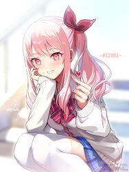 1girl :d akiyama_mizuki artist_name blue_skirt blurry blurry_background blush bow bowtie cardigan character_name day depth_of_field emerane feet_out_of_frame finger_heart grey_cardigan grin hair_ribbon hand_on_own_cheek hand_on_own_face heart highres long_hair long_sleeves looking_at_viewer loose_bowtie miniskirt open_mouth outdoors parted_lips pink_hair plaid_clothes plaid_skirt project_sekai red_bow red_bowtie red_eyes red_ribbon ribbon side_ponytail sidelocks signature skirt smile solo squatting stairs striped_bow striped_bowtie striped_clothes thighhighs white_thighhighs