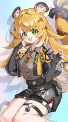 1girl absurdres animal_ear_fluff animal_ears blonde_hair fingerless_gloves gloves green_eyes highres ju_fufu long_hair looking_at_viewer multicolored_hair open_mouth shirt shorts smile solo tail tiger_ears tiger_girl tiger_tail xishuu_(user_dvah3828) zenless_zone_zero