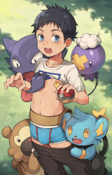 1boy absurdres bidoof black_hair blue_boxer_briefs blue_eyes blue_male_underwear boxer_briefs bulge clothes_lift clothes_pull daikung drifloon gen_1_pokemon gen_4_pokemon haunter highres male_focus male_underwear nintendo pants pants_pull pokemon pokemon_(creature) pokemon_legends:_arceus rei_(pokemon) shinx shirt_lift shota underwear undressing undressing_another