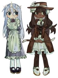 130213aken 2girls apron arms_behind_back black_shoes blue_dress blue_eyes blue_hair bow brown_dress brown_hair brown_hat brown_pantyhose brown_ribbon closed_mouth crown dream_game dress eunoia_(dream_game) frilled_skirt frills full_body hat hat_bow highres juliet_sleeves long_hair long_sleeves low_twintails maid_apron multiple_girls nashatra_bealdhild neck_ribbon pantyhose puffy_sleeves red_ribbon ribbon roblox shoes simple_background skirt smile twintails very_long_hair white_apron white_background white_bow white_pantyhose white_shoes white_skirt