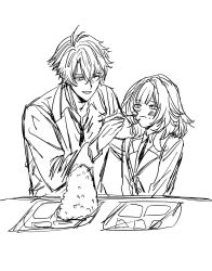 1boy 1girl ;) ahoge alternate_costume blush bowl commentary_request cyrene_(honkai:_star_rail) feeding greyscale highres holding holding_spoon honkai:_star_rail honkai_(series) ilsijeongj2213 korean_commentary medium_hair monochrome necktie one_eye_closed phainon_(honkai:_star_rail) plate rice_bowl short_hair smile spoon vest
