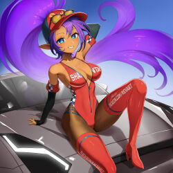 1girl absurdly_long_hair absurdres arm_behind_head arm_support arm_up bare_shoulders baseball_cap black-framed_eyewear blue_background blue_eyes blue_pupils boots breasts brown_pantyhose car center_opening character_name checkered_clothes cleavage clothes_writing collarbone commentary dark-skinned_female dark_skin elbow_gloves english_commentary english_text eyewear_on_headwear fingerless_gloves floating_hair foot_out_of_frame genie gloves gradient_background grin hair_between_eyes hair_through_headwear hat high_heel_boots high_heels highleg highleg_leotard highres large_breasts leaning_back leotard light_blush long_hair looking_at_viewer motor_vehicle nissan nissan_gt-r on_car on_vehicle pantyhose partially_unzipped patreon_username pointy_ears ponytail purple_hair race_queen red_boots red_leotard red_thighhighs revenantart semi-rimless_eyewear shantae shantae_(series) shiny_clothes sideboob sitting sitting_on_car smile solo sunglasses swept_bangs thigh_boots thighhighs thighs tinted_eyewear two-tone_headwear under-rim_eyewear very_long_hair watermark web_address white_background wide_hips windshield yellow-tinted_eyewear