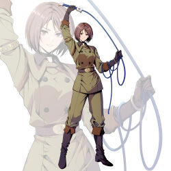 Rule 34 | 1girl, absurdres, armlet, black872233196, black boots, black choker, black gloves, boots, bracelet, brown hair, buttons, choker, double-breasted, elbow gloves, full body, gloves, highres, holding, holding whip, jewelry, kuromorimine military uniform, looking at viewer, military uniform, parted lips, short hair, solo, standing, the king of fighters, the king of fighters xv, whip, whip (kof), zoom layer
