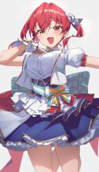 1girl absurdres blue_dress blush breasts collared_shirt cowboy_shot dress hair_ribbon heterochromia highres hololive houshou_marine idol jacket jumping large_breasts looking_at_viewer midair red_eyes reulem ribbon shirt short_sleeves simple_background solo twintails virtual_youtuber white_background white_jacket white_shirt yellow_eyes