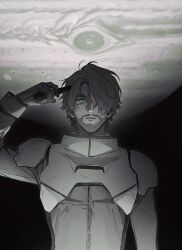 1boy aiming beard challia_bull crying facial_hair green_eyes gun gundam gundam_gquuuuuux highres holding holding_gun holding_weapon jupiter_(planet) kitsune_(ly_howe) mecha_pilot_suit monochrome mustache normal_suit_(gundam) open_mouth science_fiction short_hair tears weapon