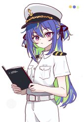 1girl anchor_symbol belt blue_hair closed_mouth commentary_request cowboy_shot epaulettes green_hair hair_between_eyes hat highres hokuro_(yu_li22) long_hair looking_at_viewer military_hat military_uniform mole mole_under_eye multicolored_hair nanashi_inc. pants peaked_cap pink_eyes shirt simple_background solo suzumi_nemo two-tone_hair virtual_youtuber white_background white_belt white_hat white_pants white_shirt