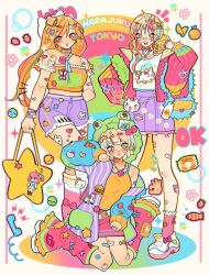 3girls bag bag_charm bead_necklace beads blonde_hair breasts burger charm_(object) clownfish commentary decora english_commentary fashion fish food full_body hair_ornament hairclip handbag hat heisei_retro hello_kitty_(character) jacket jewelry leg_warmers long_hair mimmy_(hello_kitty) mitsutadaki multicolored_hair multiple_girls my_melody necklace onegai_my_melody open_clothes open_jacket orange_tube_top original pink_jacket pink_leg_warmers pink_skirt pink_socks purple_shorts purple_skirt sanrio shirt shoes short_hair shorts skirt socks standing sticker strapless streaked_hair tank_top too_many_hair_ornaments tube_top white_shirt white_shoes yellow_tank_top