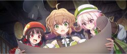 1other 3girls :d :o ahoge blonde_hair bow brown_hair child cielo_(konosuba) deerstalker detective game_cg green_brooch green_eyes green_hat green_necktie hair_between_eyes hair_bow hat hat_ornament highres holding holding_paper indoors komekko kono_subarashii_sekai_ni_shukufuku_wo! konosuba!_fantastic_days looking_at_object matching_outfits multiple_girls necktie official_alternate_costume official_art open_mouth paper pink_eyes pink_hair red_bow red_eyes red_hat shinjin_succubus_(konosuba) short_hair short_twintails single_sidelock smile star_(symbol) star_hat_ornament sweatdrop twintails two-tone_hat v-shaped_eyebrows wavy_hair white_hat wooden_ceiling