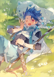 1boy animal asymmetrical_bangs baby_animal blue_hair bodysuit bodysuit_under_clothes braid braided_ponytail capelet child cu_chulainn_(fate) dagger dog fate/grand_order fate_(series) highres holding holding_polearm holding_weapon hood hooded_capelet knife long_hair looking_at_viewer lying male_focus muscular muscular_child nomi_tongxue on_back one_eye_closed outdoors polearm puffy_pants puppy red_eyes samoyed_(dog) setanta_(fate) sheath sheathed solo weapon white_dog wristband yawning