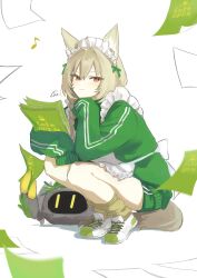 Rule 34 | 1girl, absurdres, animal ears, arknights, beanstalk (arknights), blonde hair, blush, bow, braid, brown tail, closed mouth, commentary, eighth note, eyes visible through hair, full body, green bow, green jacket, green shorts, hair between eyes, hair bow, head rest, highres, holding, jacket, jersey maid, k-yosinori, leg warmers, long hair, looking at viewer, maid, maid headdress, musical note, orange eyes, paper, shoes, shorts, signature, simple background, sleeves past fingers, sleeves past wrists, smile, sneakers, solo, squatting, tail, track jacket, unconventional maid, white background, white shoes, yellow leg warmers