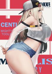 1girl absurdres ass bare_shoulders black_shirt black_tank_top blonde_hair blue_eyes blush breasts centi_(nikke) centi_(supreme_holiday)_(nikke) character_name curvy denim denim_shorts gloomyowl goddess_of_victory:_nikke hat highres jacket large_breasts long_hair long_sleeves looking_at_viewer midriff off_shoulder pants see-through_clothes see-through_jacket shirt short_shorts shorts solo standing tank_top thick_thighs thighs tight_clothes tight_pants
