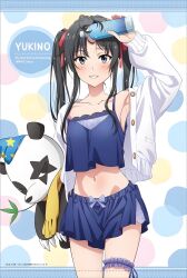 1girl arm_up armpits black_hair blue_bow blue_camisole blue_eyes blue_ribbon blue_shorts blush bottle bow breasts camisole collarbone dot_nose female_focus flat_chest hair_ribbon highres holding holding_bottle holding_stuffed_toy jacket leg_scrunchie legs long_hair long_sleeves looking_at_viewer midriff navel official_art red_ribbon ribbon scan scrunchie shorts small_breasts smile solo solo_focus stomach stuffed_toy sweat sweatdrop teeth thighs twintails water_bottle wet white_jacket yahari_ore_no_seishun_lovecome_wa_machigatteiru. yukinoshita_yukino