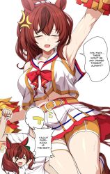 1boy 2girls aged_up animal_ears arm_up armpits bow breasts cheerleader ear_bow ear_covers ear_ornament ear_ribbon english_text green_bow highres horse_ears horse_girl horse_tail medium_hair mother_and_daughter multicolored_hair multiple_girls navel nice_nature_(umamusume) open_mouth pom_pom_(cheerleading) sheita speech_bubble streaked_hair tail trainer_(umamusume) umamusume