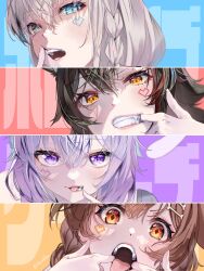 4girls animal_ear_fluff animal_ears aqua_eyes black_hair bone_hair_ornament brown_eyes brown_hair cat_ears cat_girl column_lineup dog_ears dog_girl fangs finger_in_own_mouth fox_ears fox_girl hair_between_eyes hair_ornament hairclip heart highres hololive hololive_gamers inugami_korone long_hair looking_at_viewer mouth_pull multicolored_hair multiple_girls nekomata_okayu ookami_mio open_mouth orange_eyes pixel_heart purple_eyes purple_hair red_hair shirakami_fubuki streaked_hair teeth tongue tongue_out torokko twitter_username virtual_youtuber watermark white_hair wolf_ears wolf_girl yellow_eyes