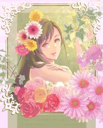 1girl baby&#039;s-breath bare_shoulders black_hair closed_mouth commentary_request final_fantasy final_fantasy_vii flower gerbera goodsign hair_flower hair_ornament hand_on_own_arm hand_up highres ivy lips long_hair looking_at_viewer pink_flower pink_lips ranunculus red_flower rose solo tifa_lockhart topless_female twitter_username upper_body yellow_flower