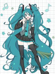 Rule 34 | 1girl, ahoge, aqua hair, aqua necktie, bare shoulders, black boots, black skirt, black sleeves, black thighhighs, blue eyes, blue hair, blue necktie, blush spirals, boots, collared shirt, curly hair, detached sleeves, dot nose, eighth note, food, frilled shirt, frills, grey shirt, grid background, hair between eyes, hair ornament, hatsune miku, headphones, headset, highres, holding, holding food, holding spring onion, holding vegetable, huge ahoge, long hair, looking at viewer, minazuki (minaduki 0318), miniskirt, musical note, nail polish, necktie, number tattoo, open mouth, pleated skirt, shirt, sidelocks, simple background, skindentation, skirt, sleeveless, smile, spring onion, standing, star (symbol), tattoo, teeth, thighhighs, twintails, upper teeth only, vegetable, very long hair, vocaloid, watermark, white background, zettai ryouiki
