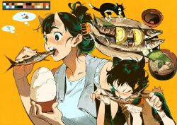 2girls animal_ears atie1225 blush body_fur bowl brown_vest cat cat_ears cat_girl chopsticks claw_hair_clip color_guide commentary dungeon_meshi eating fish_(food) flying_sweatdrops folded_ponytail food fruit green_eyes green_hair hair_ornament hairclip highres holding holding_bowl holding_chopsticks horns inutade izutsumi leaf lemon lemon_slice miso_soup multiple_girls oni open_mouth plate rice rice_bowl skin-covered_horns soup speech_bubble symbol-only_commentary tank_top towel towel_around_neck upper_body v-shaped_eyebrows vest white_tank_top yellow_background