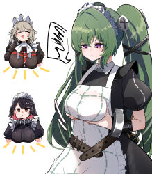 3girls ^_^ absurdres aged_up alexandrina_sebastiane alternate_breast_size amekurage999 apron black_dress black_hair breast_lift breasts closed_eyes colored_inner_hair corin_wickes dress ellen_joe green_hair hand_on_own_cheek hand_on_own_chest hand_on_own_face highres large_breasts lollipop_in_mouth long_hair maid maid_headdress multicolored_hair multiple_girls purple_eyes red_eyes screw_hair_ornament spiked_headband white_apron white_background zenless_zone_zero