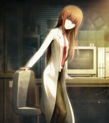 1girl 2015 :o arm_support belt belt_buckle black_pantyhose black_shorts blue_eyes breasts brown_hair buckle chair coat collared_shirt computer future_gadget_lab game_cg hair_between_eyes hair_over_shoulder head_tilt highres huke indoors lab_coat leather_shorts light_particles long_hair looking_at_viewer makise_kurisu necktie non-web_source notes official_art open_mouth pantyhose purple_eyes purple_trim red_necktie ringed_eyes shiny_clothes shiny_eyes shirt short_shorts shorts small_breasts solo standing steins;gate steins;gate_0 sunset surprised tareme white_coat white_shirt