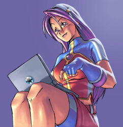 1girl asamiya_athena bike_shorts breasts computer curvy female_focus gloves hairband huge_breasts laptop large_breasts long_hair purple_eyes purple_hair shirt sitting skirt smile smiley_face star_(symbol) the_king_of_fighters thick_thighs thighs wide_hips