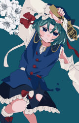 1girl absurdres arm_up black_shoes black_skirt blue_eyes blue_hat blue_vest blush bow buttons closed_mouth commentary_request eik_s2 epaulettes flower foot_out_of_frame footwear_bow frilled_hat frilled_skirt frills frown green_background green_hair hat highres holding loafers long_sleeves looking_at_viewer red_bow rod_of_remorse shiki_eiki shirt shoes short_hair simple_background skirt sleeve_bow socks solo touhou two-tone_bow v-shaped_eyebrows vest white_bow white_flower white_shirt white_socks