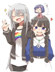 3girls :d black_hair black_jacket black_pants blue_shirt blush_stickers braid brown_kimono chibi grey_hair hair_ornament hair_over_shoulder hairclip hand_up higuchi_kaede higuchi_kaede_(2nd_costume) jacket japanese_clothes kimono long_hair long_sleeves low_twintails mini_person minigirl multiple_girls nijisanji obi on_head open_clothes open_jacket open_mouth pants puffy_long_sleeves puffy_sleeves purple_eyes purple_hair rebecca_(keinelove) sash shirt shizuka_rin shizuka_rin_(2nd_costume) simple_background skirt smile sparkle translation_request tsukino_mito tsukino_mito_(street_casual) twin_braids twintails v very_long_hair virtual_youtuber white_background white_shirt white_skirt