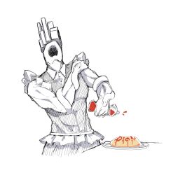 1boy abs bottle collared_shirt cropped_legs faceless food food_writing hand_on_own_shoulder highres holding holding_bottle ketchup_bottle maid male_focus minos_prime omelet omurice pectorals shirt sketch snake solo ultrakill uni_gyoza vest white_background