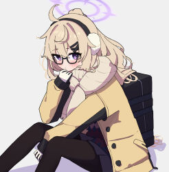 1girl absurdres ahoge argyle_clothes argyle_sweater backpack bag black_bag black_pantyhose black_skirt blonde_hair blue_archive blue_sweater blush brown_scarf brown_sweater closed_mouth commentary dot_mouth earmuffs feet_out_of_frame glasses gloves halo hand_up hi_mi_zu highres jacket knees_up kotama_(blue_archive) kotama_(camp)_(blue_archive) long_hair long_sleeves looking_at_viewer miniskirt multicolored_sweater official_alternate_costume open_clothes open_jacket pantyhose pleated_skirt ponytail puffy_long_sleeves puffy_sleeves purple_eyes purple_halo scarf semi-rimless_eyewear simple_background sitting skirt solo sweater two-tone_gloves under-rim_eyewear white_background white_gloves yellow_jacket