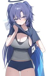 Rule 34 | 1girl, absurdres, black halo, black shirt, blue archive, blue eyes, blue hair, blue jacket, blush, breasts, chimyo, cleavage, closed mouth, commentary, cowboy shot, grey tank top, hair between eyes, halo, highres, jacket, lanyard, large breasts, long hair, looking at viewer, shirt, simple background, solo, star sticker, sticker on face, sweat, symbol-only commentary, tank top, thighs, two side up, unworn jacket, white background, yuuka (blue archive), yuuka (track) (blue archive)