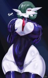 . 1girl antennae bad_tag bangs_down belly between_breasts blue_background blue_choker blue_gloves blue_leotard blue_thighhighs blush bob_cut body_blush breasts cameltoe choker cleavage collarbone colored_skin commission covered_belly covered_navel cutout_cleavage ears elbow_gloves english_text female female_focus game_freak gardevoir gen_3_pokemon gloves green_hair hair_over_one_eye hands_on_own_breasts latex latex_choker latex_gloves latex_leotard legs leotard light-skin light-skinned_females lips long_arms long_ears long_legs naughty_face neckline nintendo pink_eyes pixiv pixiv_commission pixiv_id pixiv_link pixiv_username png png_file pointy_ears pokemon pokemon_(creature) red_eyes sana!rpg seductive_face seductive_gaze seductive_smile seductress shiny_clothes shiny_skin short_hair signature smile solo_focus thick_thighs thighhighs thighs thong thong_leotard white_lips white_skin wide_hips