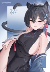 Rule 34 | 1girl, absurdres, animal ears, black dress, black hair, blue archive, blue halo, breasts, brown eyes, china dress, chinese clothes, colored inner hair, dress, extra ears, eyeliner, hair bun, hair ornament, halo, henrytjanw, highres, kaguya (blue archive), large breasts, looking at viewer, makeup, mandarin collar, multicolored hair, panther ears, panther girl, panther tail, purple hair, red eyeliner, short hair, side slit, sideboob, single hair bun, solo, tail, tassel, tassel hair ornament, yellow eyes
