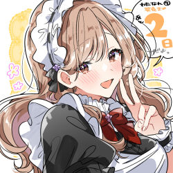 1girl :d blush brown_hair countdown highres long_hair maid maid_headdress open_mouth sena_ajisai smile solo takeshima_eku v watashi_ga_koibito_ni_nareru_wake_naijan_murimuri!