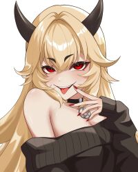 1girl armpit_crease bare_shoulders black_choker black_horns black_sweater blonde_hair breasts choker commentary commission crossed_bangs english_commentary finger_to_mouth fingernails hair_between_eyes hair_intakes hand_up haori903 highres horns light_blush long_fingernails long_hair looking_at_viewer off-shoulder_sweater off_shoulder open_mouth original pentagram pentagram_choker red_eyes red_nails simple_background sleeves_past_wrists smile solo sweater teeth tongue tongue_out upper_body upper_teeth_only vgen_commission white_background