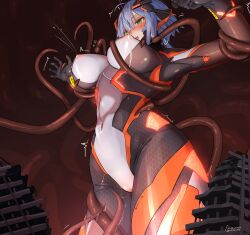 1girl absurdres artist_name blue_hair blush bodysuit breasts cameltoe colossus_(natsukaze_shigure) commission covered_erect_nipples covered_navel defeat giant giantess green_eyes highres impossible_bodysuit impossible_clothes lactation lactation_through_clothes large_breasts magical_girl natsukaze_shigure navel nipples open_mouth original peril pussy_juice restrained short_hair signature skeb_commission skin_tight solo tears tentacles