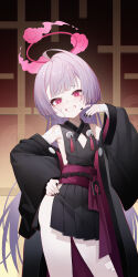 1girl absurdres bandaged_arm bandaged_hand bandaged_leg bandages bell black_nails blue_archive blush detached_sleeves fangs gauze gauze_on_cheek gauze_on_face grey_hair grin halo hand_on_own_hip highres japanese_clothes jianshu jingle_bell loli long_hair looking_at_viewer obi open_mouth red_eyes red_halo sash shuro_(blue_archive) sideless_dress sideless_kimono sideless_outfit smile solo standing teeth