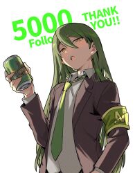 1boy arm_up armband black_coat can coat collared_shirt drink english_text green_armband green_hair green_necktie hair_between_eyes hand_in_pocket head_tilt holding holding_can holding_drink lobotomy_corporation long_hair looking_at_viewer male_focus medu_(rubish) necktie netzach_(project_moon) open_mouth project_moon shirt solo upper_body very_long_hair white_shirt yellow_background yellow_eyes