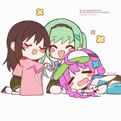 3girls black_hair braid chibi commentary_request date_akari green_hair hair_ornament hairband heaven_burns_red highres long_hair long_sleeves mole mole_under_mouth multiple_girls murohushi_risa nikaidou_misato purple_hair shira_461 sidelocks skirt sportswear twin_braids twintails visor_cap wide_sleeves