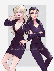 2girls black_skirt blonde_hair blue_eyes breasts cleavage commentary_request crossed_arms earrings feet_out_of_frame hair_tie hand_on_own_hip highres jewelry long_hair meitantei_conan mizunashi_rena moko_eaka multiple_girls ponytail purple_lips red_lips simple_background skirt vermouth_(meitantei_conan) zipper