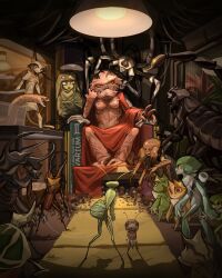4girls 6+others animal arthropod_girl artist_name bearded_dragon beetle bound bound_arms bug carapace claws closed_mouth colored_skin commentary english_commentary facing_another frog full_body grey_skin hand_up highres hognose_snake indoors insect insect_girl interlocked_fingers kamitoge_supino lizard_tail looking_at_another monster_girl multiple_girls multiple_others open_mouth orange_eyes orange_hair orange_scales orange_skin original paperclip personification praying_mantis reptile_girl rhinoceros_beetle scales scorpion sharp_teeth short_hair signature sitting snake spider_girl stag_beetle standing tail teeth terrarium