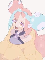 1girl :d bare_shoulders blue_hair bow-shaped_hair character_hair_ornament creatures_(company) game_freak hair_ornament halterneck highres iono_(pokemon) jacket light_blue_hair long_hair long_sleeves looking_at_viewer multicolored_hair nintendo open_mouth oversized_clothes p0ke_a0210 pink_eyes pink_hair pokemon pokemon_sv sharp_teeth simple_background sleeves_past_fingers sleeves_past_wrists smile solo split-color_hair teeth two-tone_hair v-shaped_eyebrows very_long_hair white_background x yellow_jacket