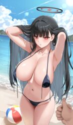 1girl 1other absurdres arms_up ball beach beachball bikini black_bikini black_hair blue_archive blush breasts bright_pupils cleavage collarbone cowboy_shot day halo hands_in_hair highres large_breasts long_hair looking_at_viewer navel outdoors parted_lips red_eyes rio_(blue_archive) solo stomach swimsuit thighs water white_pupils yj_(yojo_san)